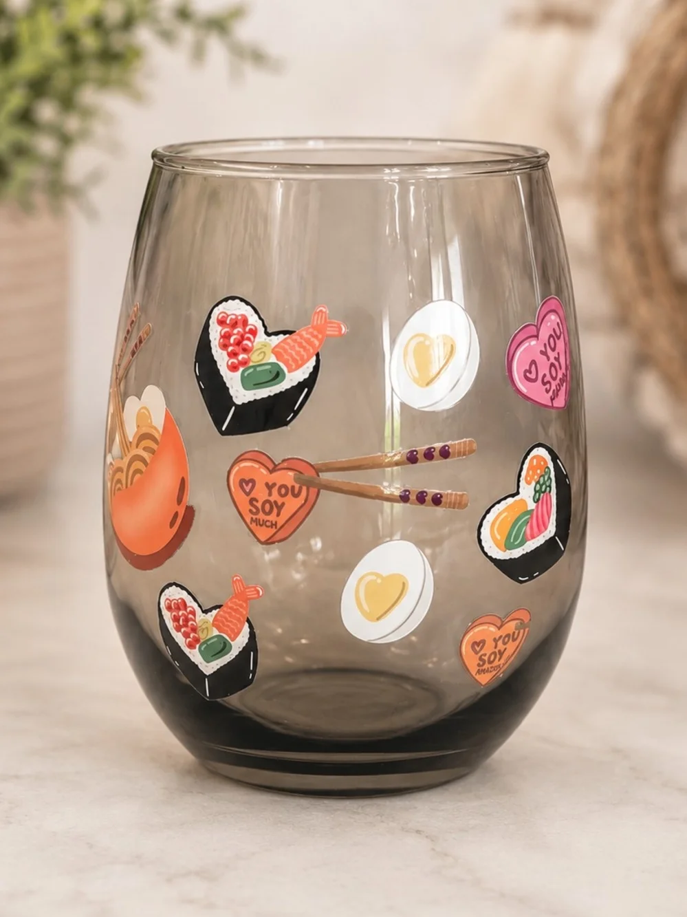 HG Creations Sushi Soy Love Stemless Wine Glass Cute Foodie Gift